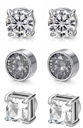 YIPFEN Pendientes Magnéticos Hombre Mujer 3 Pares 6mm Acero Inoxidable Sin Agujero. Falso Piercing de Circonita Blanca, Gris y Plateada, estilo Diamante. Ideal para No Perforación.