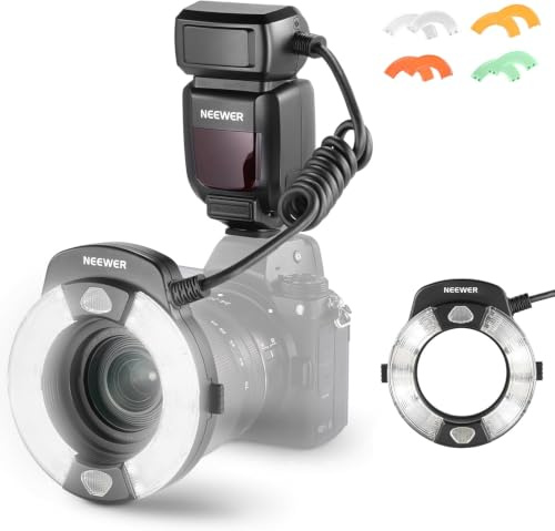 NEEWER RF1-N 76Ws Flash Annulaire Macro Compatible avec Nikon Caméra,Puissance de Sortie 1-1/128,GN 15,5 600K,Synchronisation TTL en Rideau Avant/Arrière,avec Gels Colorés et Adaptateurs d'Objectif