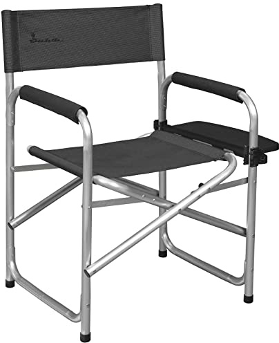 Bärbar hopfällbar regissörsstol med sidobord – mörkgrå, lätt camping och utomhusstol, perfekt för strand, gräsmatta och resor