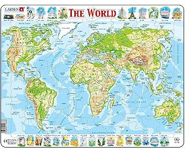 Larsen K4 The World Topographic Jigsaw Puzzle Map English Edition for Children & Adults - 80 Piece Puzzle | Educational and Fun Boxless Tray & Frame Included | Made in Norway