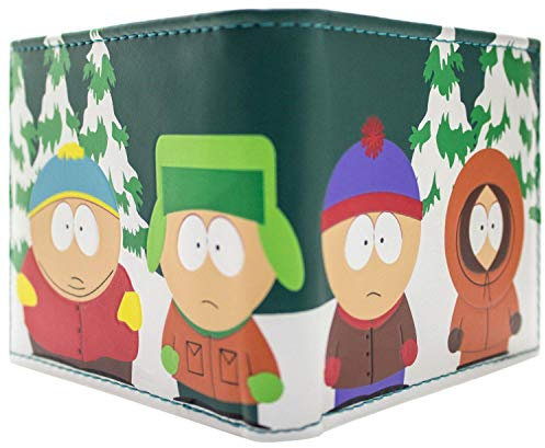 South Park Cartman Kyle Kenny Stan Fermata dell'Autobus Portafoglio/Portamonete a Due Ante per ID e Porta Carte, Verde