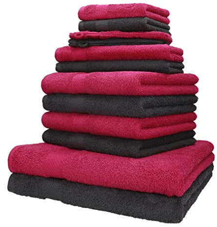 Betz 12-TLG. Handtuch-Set Palermo 100% Baumwolle 2 Liegetücher 4 Handtücher 2 Gästetücher 2 Seiftücher 2 Waschhandschuhe Farbe Cranberry und anthrazit