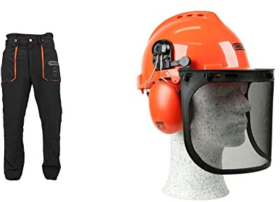 Oregon Yukon Kettensägen-Schnittschutzhose, Typ A Klasse 1, Größe XL (EU 54-56) (295435/XL & Yukon Kettensägen-Sicherheitshelm mit Gehörschutz und Netzvisier (562412), Orange, Einheitsgröße