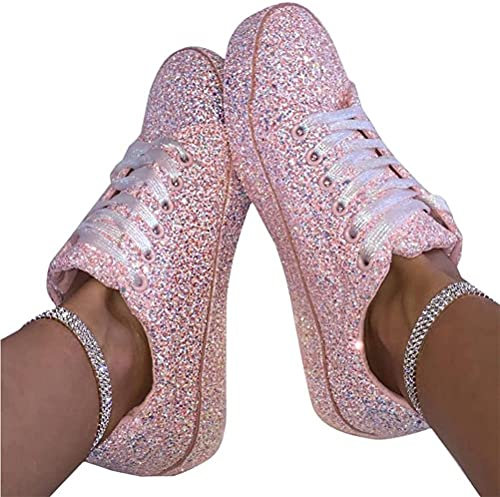 ticticlily Damen Sneakers Slip On Schnürsenkel Strass Pailletten Bequem Leichte Atmungsaktiv Freizeitschuhe Walking Outdoor Gym A Rosa 39 EU