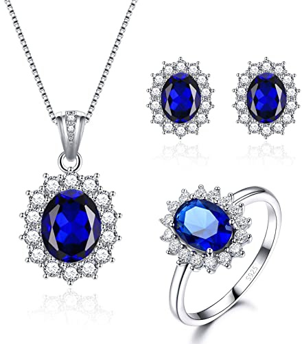 Cangall Parure Femme Argent Sterling 925, Ensemble de Bijoux Hypoallergénique Boucles d’oreilles Collier Bague avec Zircon Cubique 5A Bleu, Mariage Soirée Cadeau Anniversaire
