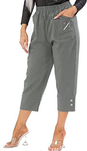 AFR Pantalones capri para mujer, pantalones cortos para mujer, 3/4, longitud tres cuartos, elásticos, elásticos, talla 38-50, caqui, 50