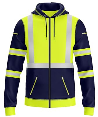 NOROZE Mens Hi Vis Hoodie with Reflective Tape, High Visibility Full Zip Hoodie for Safety Workwear, Zipped Pockets High Vis Hoodie, Durable Work Hoodies for Men (L, Style 3: Neon Green/Navy)