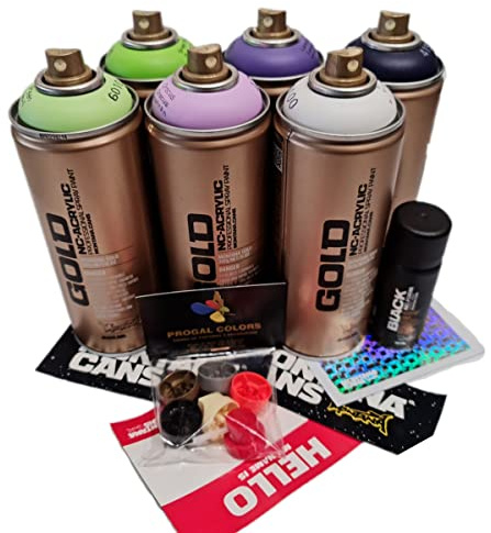 PROGAL COLORS PACK MONTANA CANS GOLD (6x Montana Gold 400ml + 1x Negro pocket 50ml + 6x Boquillas de repuesto + Pegatinas) Acabado Satinado Máxima calidad Graffiti Muralismo Colores Vivos