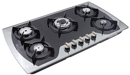 gegeweeret 5-Flammen-Gasbrenner mit 63% Effizienz, Gasautomatik, Einbau/Arbeitsplatte (Schwarz, 90x51cm), Bakelite Knopf, Thermostat-Steuertaste,für Großfamilien/Gewerbeküche