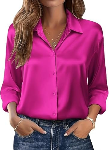 Beyove Chemisier Femme Élégant Satin Manches Longues Décontracté Hauts Amples Chemise Col V Uni Lâche Manches Longues Rose Taille L