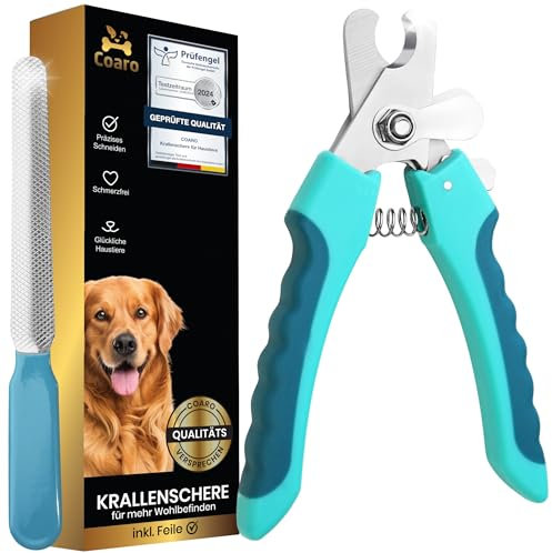 COARO Krallenschere für Hunde und Katzen mit hochwertigem Stopper als Verletzungsschutz - inklusive stabiler Fixierung - Krallenschneider mit professioneller Feile - aus robustem Edelstahl(L)