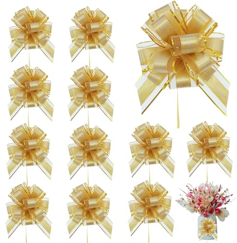 GWAWG Lote de 12 Lazo para Regalo, Grandes Lazos para Regalos, Cestas de Navidad, Boda, Cumpleaños (Oro)