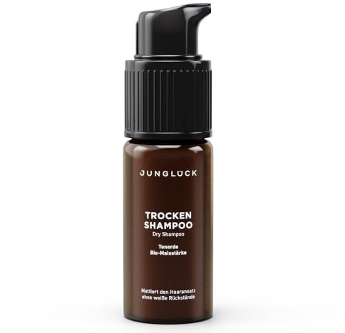 JUNGLÜCK Trockenshampoo für dunkles Haar - Vegan | Dry Shampoo verleiht spürbar mehr Griffigkeit und Volumen ohne weiße Rückstände | Aerosolfreies mattierendes Trockenshampoo für sofortige Frische