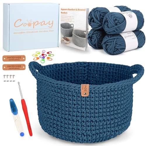 Coopay Häkelset für Anfänger, Rund Körbe Häkel Set mit Häkelanleitung, DIY Häkelset für Körbe Häkeln Lernen mit Häkelnadel 4,5mm, Dicke Häkelgarn, Anfänger Häkelsets - Denim Blau