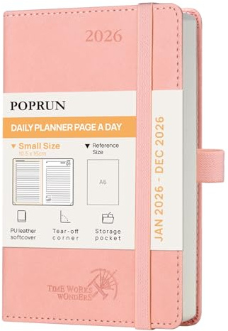 POPRUN Agenda 2026 Giornaliera Piccola, 16 x 10,5 cm, Copertina Morbida, Daily Planner 2026 Tascabile con Portapenne Autoadesivo e Nastro Segnalibro, Carta Spessa da 70 GSM, Rosa