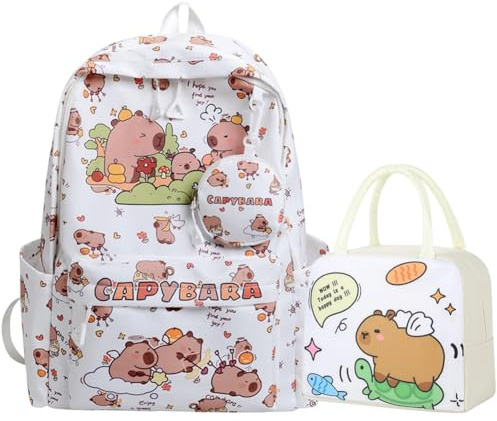 CYGMRFH Zaino Capybara, Porta Pranzo E Portachiavi, Set Scuola Completo Per Bambini E Ragazzi, Idea Regalo Perfetta (Bianco)