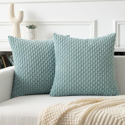 Kevin Textile Boho Cushion Covers 45 x 45 cm Set of 2 Soft Striped Corduroy Decorative Square Cushions Covers 18x18 Inch Pillowcases with Invisible Zipper for Chair Couch Sofa Bedroom, Dusty Green