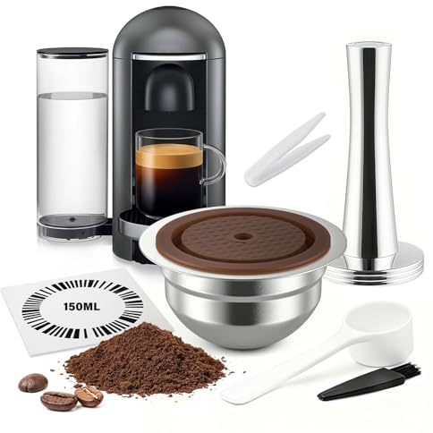 FOVNOT Återanvändbar Ve-tuo Kapslar Påfyllbar Kaffe Skida Mat Kvalitet Silikon Lock Rostfri Stål Kaffe Kapsel Kompatibel med Nes-esso Ve-tuo Plus/Pop/Nästa Maskiner (150mL+41mm Tamper)