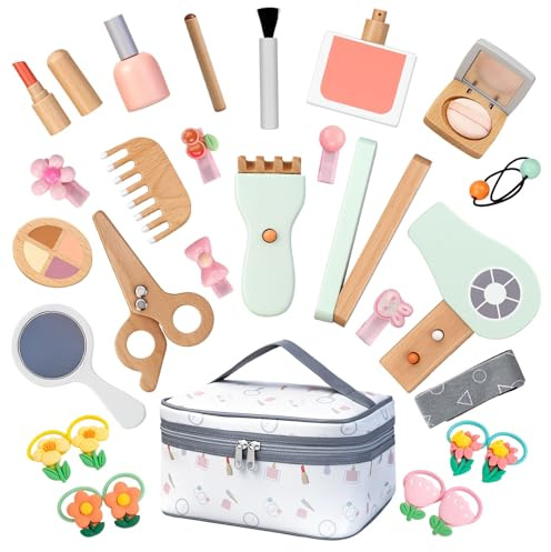 Set Trucchi Bambina in Legno Finti,Set di Bellezza per Parrucchieri,Giocattolo per Trucchi per Bambini,Set di Cosmetici in Legno,Regalo di Compleanno di Natale per Bambine di 3 4 5 6 anni