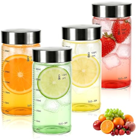 Zippicks 4pcs Botellas de Vidrio 300 ML con Escala de MedicióN, botellas de jugo de vidrio con Tapa de Acero Inoxidable, Botellas de Cristal Para zumos batidos café leche y té