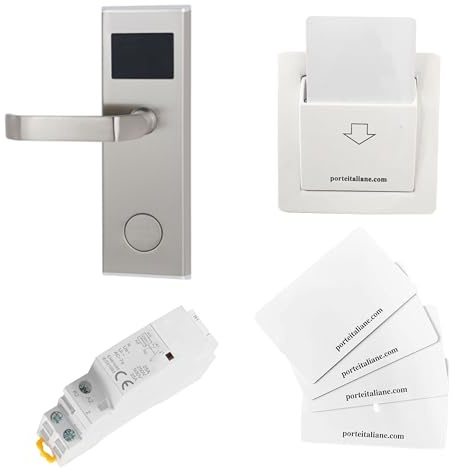 Porte Italiane, Maniglia Elettronica Lettore RFID Serratura Antipanico per Apertura Porte Controllo Accessi Camere Hotel, Alberghi, B&B e Case Vacanza, Tasca Energy Saver e 4 Card RFID, Spinta DX