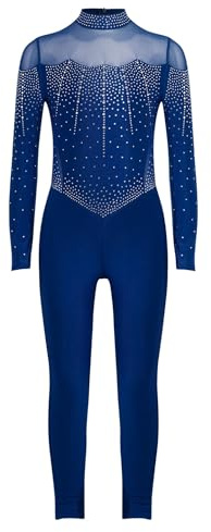Monduelle Mädchen Turnanzug Glitzer Gymnastikanzug Langarm Ballettanzug Kinder Ganzkörper Trikotanzug Eiskunstlauf Body Overall Jumpsuit Tanzkostüm A Marine Blau 134-140