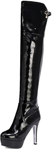 Gicoiz Femme Aiguilles Cuir Verni Cuissarde Plateforme Bottes D'Équitation Bout Rond Hiver Soirée Fête Elegant Thigh High Bottes D'Équitation Noir Taille 43 EU-45Cn