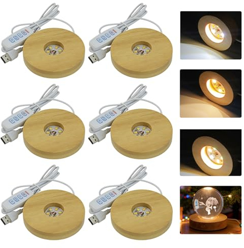 WIYETY 6 pezzi LED base in legno USB: rotondo in legno massello 3 colori luce LED base luminosa, versatile base decorativa per display base, pratica base per lampada in legno per sfera di cristallo