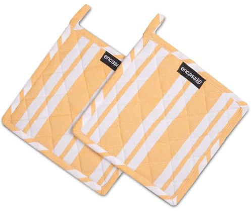 Encasa XO Pot Holders, Heat Resistant Kitchen Pads 21 cm Yellow | Quilted Cotton | Heat Resistant Trivets | Hot Pads & Pan Holders | Hanging Loop | Set of 2