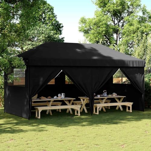 Kaloriko Tente de Fete Noire en Tissu Oxford 292 x 580 x 315 cm, Cadre en Acier thermolaque, Pliable Pop up avec Sac a Roues pour Jardin terrasse, Protection Soleil Pluie UV, 6 Cordes et 12 piquets