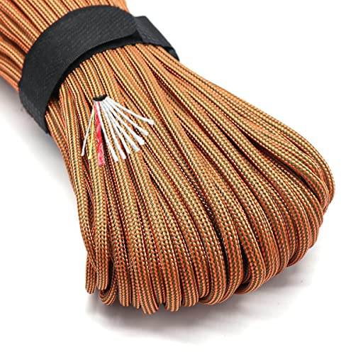 Survival Paracord Rope PSKOOK 100 Feet Fire Starter Parachute Cord 7-Strand Nylon with Red Tinder Cord PE Fishing Line Cotton Thread for Outdoor Lanyards, Bracelets, Handle Wraps (Orange Stripe)