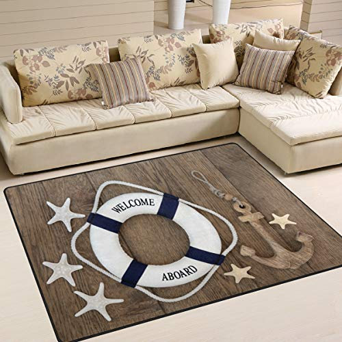 Use7 Lifebuoy Teppich mit Anker und Seestern auf Holz, für Wohnzimmer, Schlafzimmer, 160 x 122 cm