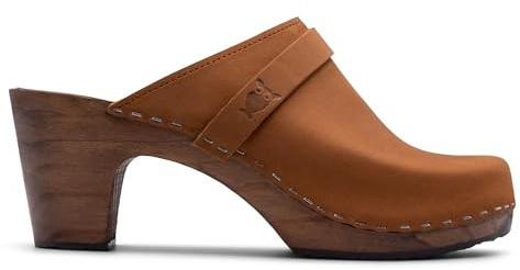 Sandgrens Handmade Swedish Wood Clogs for Women, High Rise Mule US 7-7.5 | Maya Dexter Tan Nubuck DK, EU 38