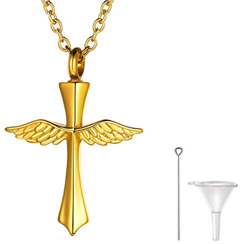 Richsteel Edelstahl Memorial Asche Andenken goldene Halskette mit Flügel kreuz als Erinnerung Schmuck für Damen und Herren