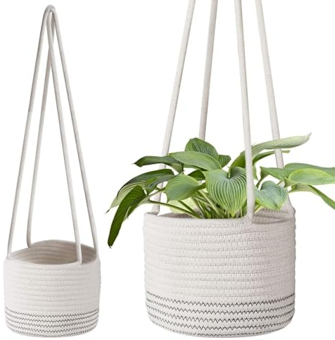 Flexzion makramé växthängare korg för inomhusväxter – 20 cm juterep planterare grytskydd, vävd hängande växthållare upp till 7 tum krukor, boho hängande planterare heminredning förvaringsorganisatör