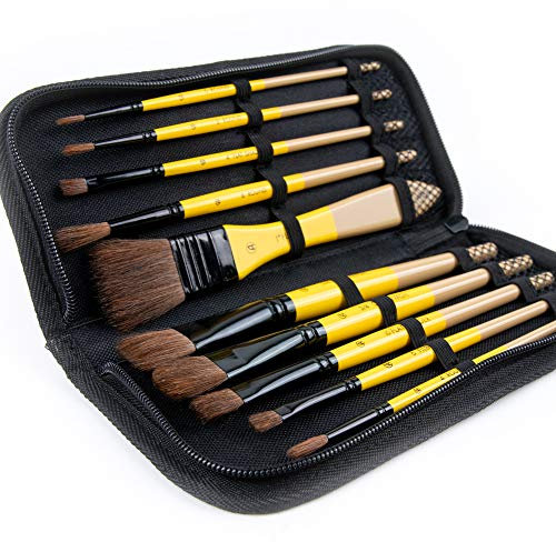 ARTIFY Pinsel-Set 10 Stück Ross- und Nylonhaar Aquarell, Premium Pinsel-Set mit Tragetasche, ideal für Acryl, Öl, Aquarell und Gouache-Malerei, Gelb
