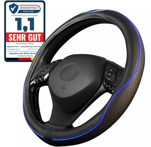 Upgrade4cars Coprivolante Auto Universale Nero Blu in Finta Pelle | Copertura di Volante Diametro 37-38 cm | Accessori Auto Interno | Regali per Donna e Uomo
