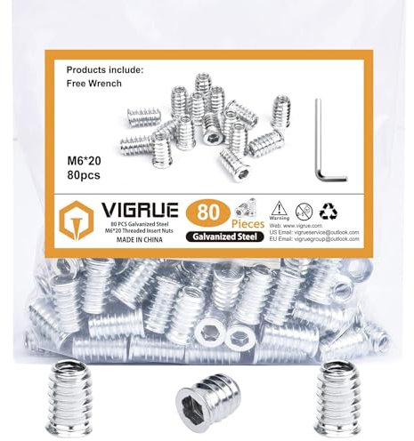 VIGRUE Einschraubmutter M6 x20 mm, Gewindeeinsatz Holz 80 Stück Einschraubmuffen Innensechskant für Holzmöbel Gewindeeinsatz Muttern Hex Innensechskantmuttern aus verzinktem Stahl