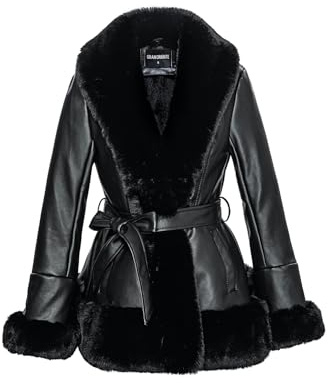GRAN ORIENTE Faux Leather Jacket for Women with Faux Fur Collar Long Sleeve Fuzzy Parka Overcoat with Warm Trimmed Winter Peplum Coat Belted (GK007 Black M)