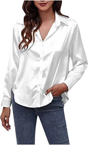 Women Satin Shirt Button Down Long Sleeve Tops Collared Solid Silk Shirt Elegant Work Office Business Casual Blouse Blouses & Shirts Ladies UK Clearance Size 8-16 White