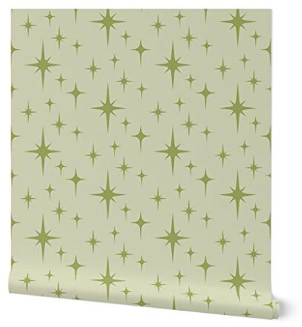 Spoonflower Peel & Stick Wallpaper Swatch - Atomic Age Green Vintage Star Retro Midcentury Modern 1950S Space Custom Removable Wallpaper