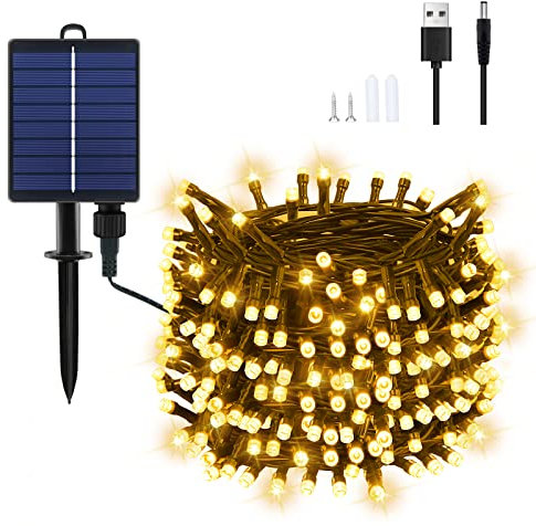 Dalugo Catena di luci solari per esterni, 22 m, 200 LED, luce bianca calda, per esterni, resistente alle intemperie, 8 modalità, per giardino, cortile, terrazza, matrimonio