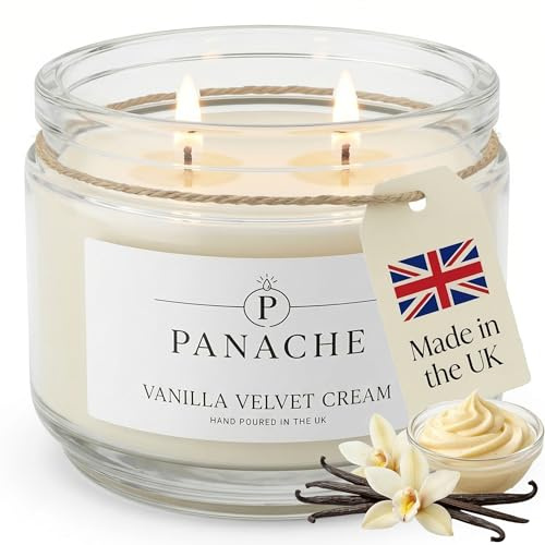 Panache Vanilla Velvet Cream Scented Candle – Double Wick Soy Wax Candle, 48 Hour Burn Time, Hand Poured in UK, Clean Burning Cotton Wicks, Luxury Glass Jar Candle for Home Fragrance & Gifts (320g)