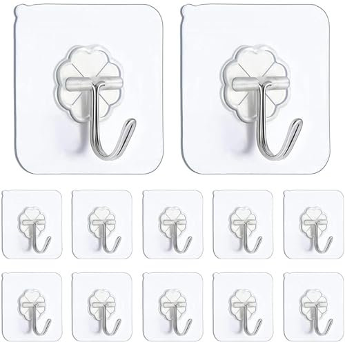 TRHDFW Self Adhesive Hooks,12 PCS Heavy Duty Door Wall Adhesive Hooks for Kitchen, Bathroom, Office, Closet, Hanging Coat Cloth Towel Key Decorations