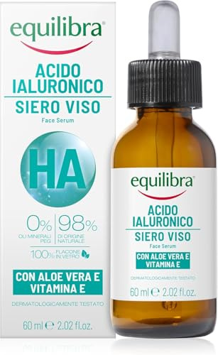 Equilibra, Siero Viso Acido Ialuronico a Diversi Pesi Molecolari, 60 ml, con Aloe Vera Equilibra e Vitamina E, Siero Gel Facilmente Assorbibile, Dermatologicamente Testato e Adatto a Pelli Sensibili
