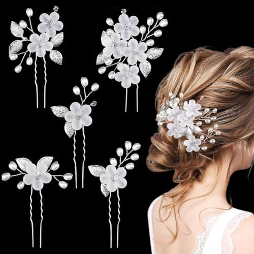 5 Stück Hochzeit Haarnadeln, Blumen Perlen Braut Haarschmuck, U-förmig Hochzeit Haarspangen, Silber Brautschmuck Haare für Frauen Mädchen, für Braut und Brautjungfer