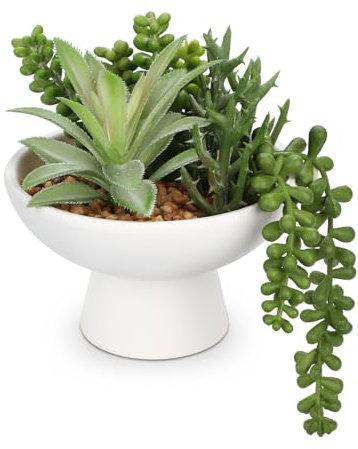Villa Como 7.5” Small Succulents Plants Artificial in Ceramic Pots Potted Faux Succulent Arrangement with High Bowl Planter Fake Desk Succulents Plants for Home Bathroom Shelf Table Indoor Decor