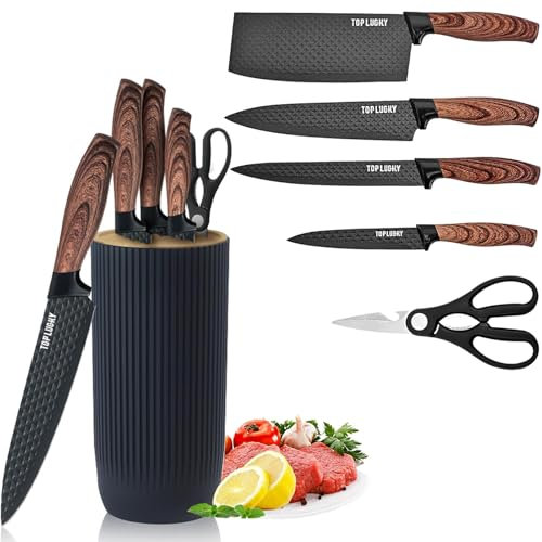 Kitchen Knife Set, 6-Pieces Sharp Knife Set for Kitchen, Non-Stick Non-Slip Stainless Steel Chef Knife Sets with Universal Knife Block Suitable for Home Restaurant (Black)