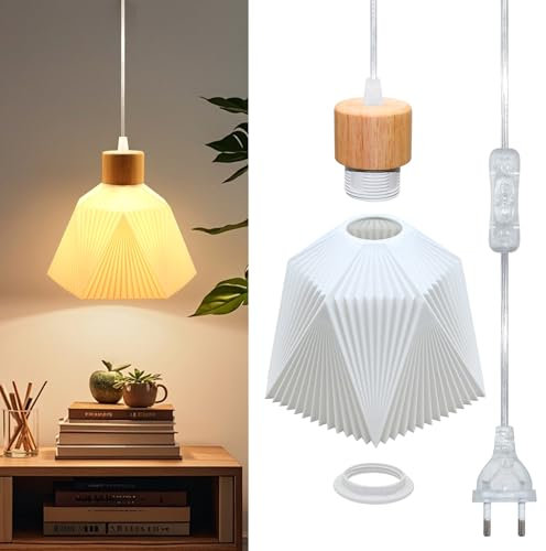 Portalampada E27 con Interruttore, Porta Lampade a Sospensione con Paralume Stampato in 3D, 500CM Trasparente Cavo con Spina, Include 20×13 CM Multifacciali Paralume, Stile Moderno(Senza Lampadine)