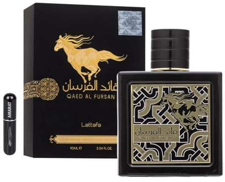 Original Qaed Al Fursan Perfume 90 ml, Long Lasting Arabic Perfume, Eau da Parfum Imported from Dubai, Includes 5ML Refillable Atomizer, Woody and Sophisticated Scent (Black)